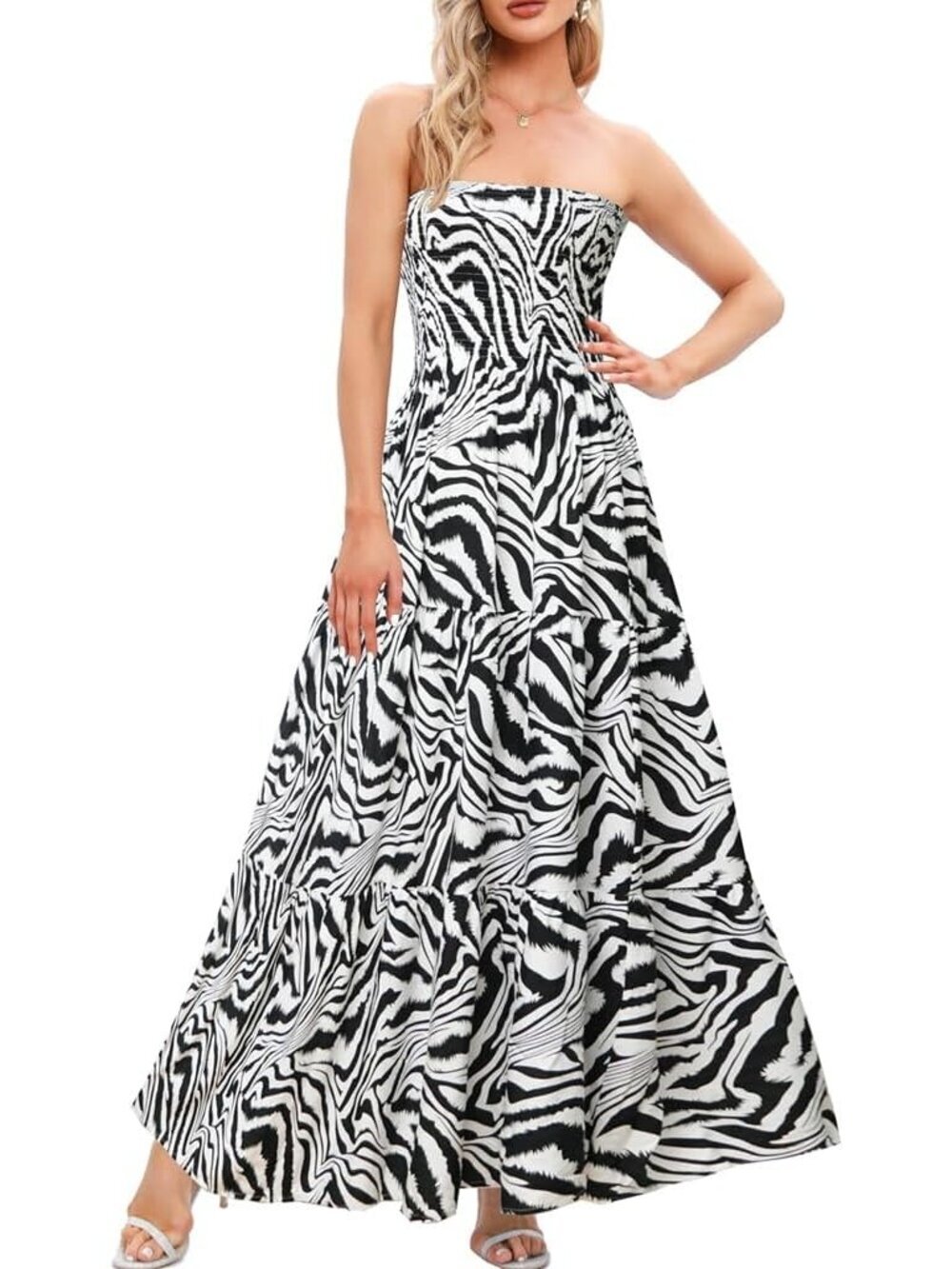 Women's Black Zebra Casual Off Shoulder Strapless Tube Top Beach Maxi Dress